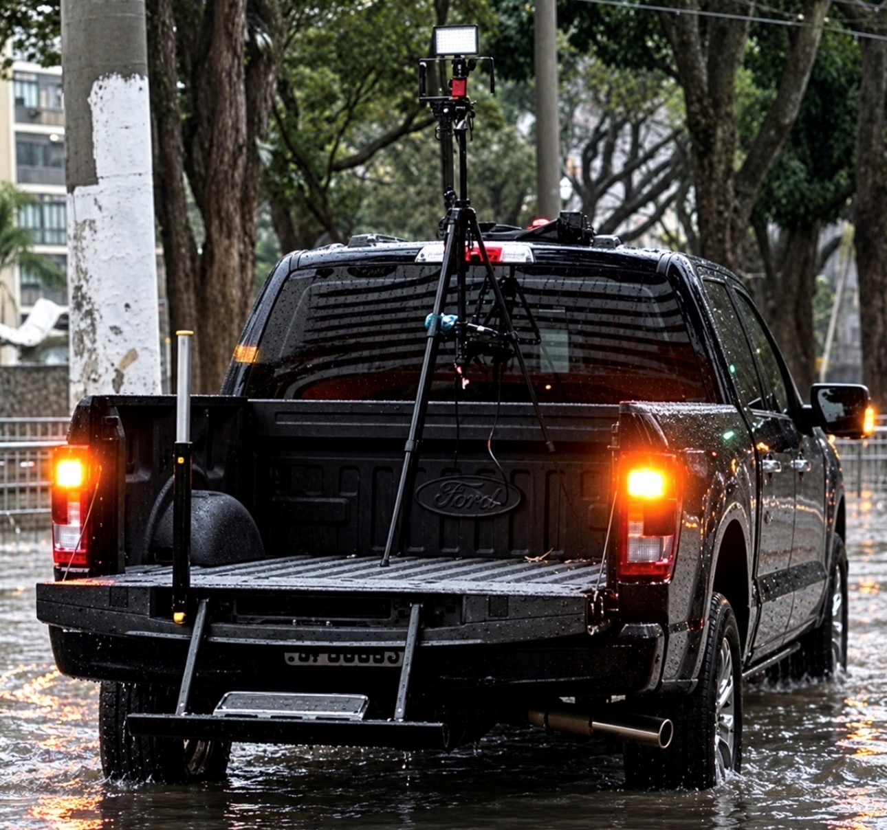 O jornalista Marcello Oliveira com a Ford F-150 na cobertura das enchentes no Rio Grande do Sul em 2024